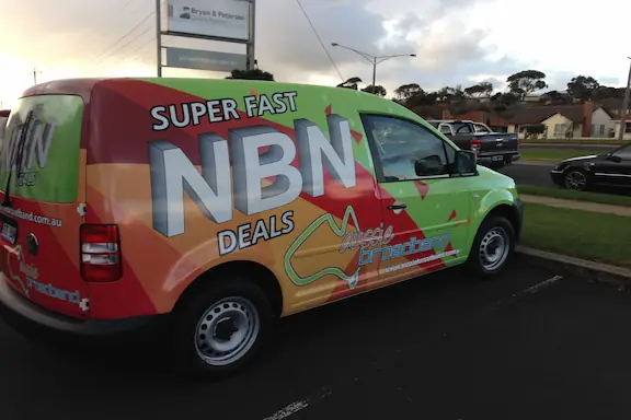 An Aussie Broadband van - kitted out with our original logo - advertising newly connected NBN services to the Cranbourne POI.