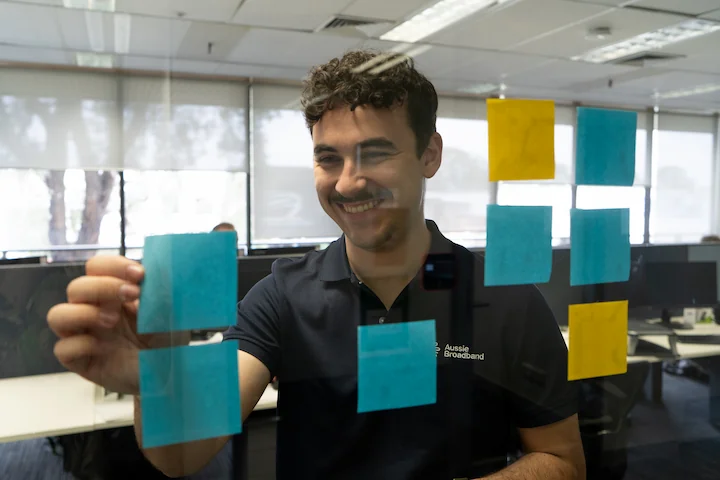 Person adding post-it notes to a window